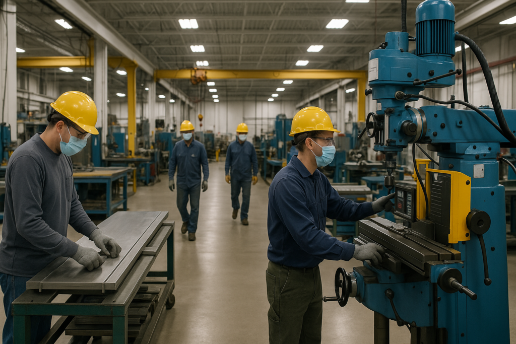Manufacturing workers in PPE operating machinery in a Sioux Falls facility, hiring in Sioux Falls