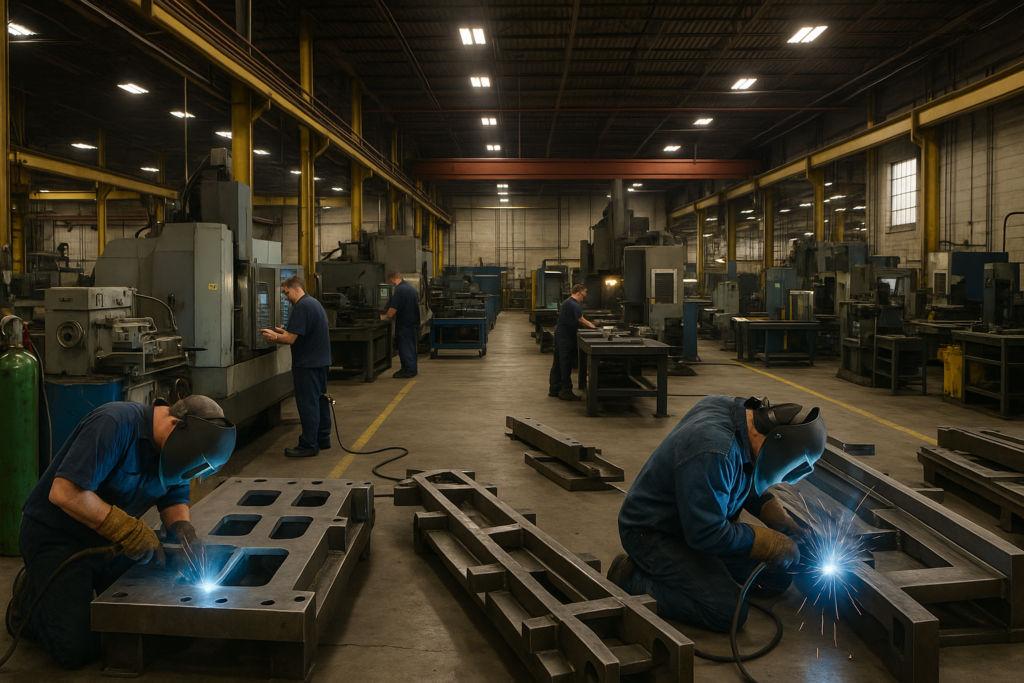 Skilled trades workers on a manufacturing floor in southwest Michigan, including welders and machine operators.