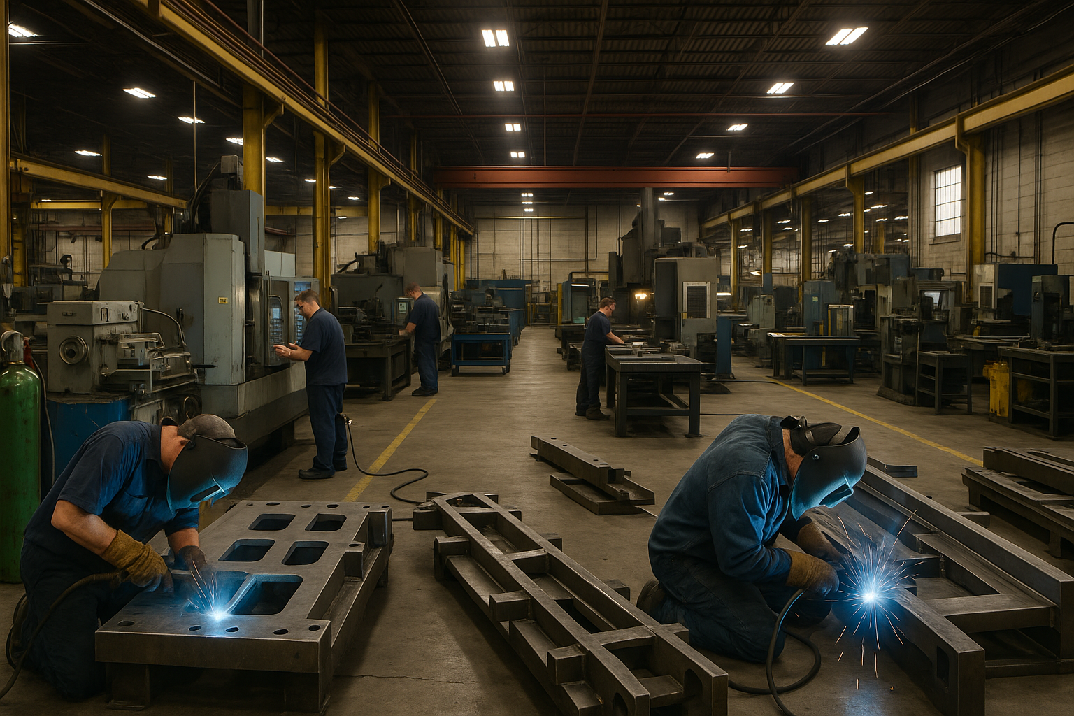 Skilled trades workers on a manufacturing floor in southwest Michigan, including welders and machine operators.