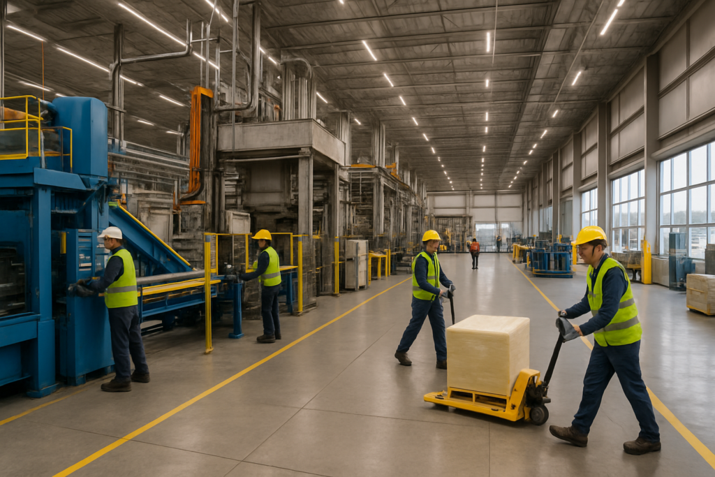 Industrial workers in Chattanooga manufacturing facility, operating machinery and handling materials, representing industrial hiring needs.