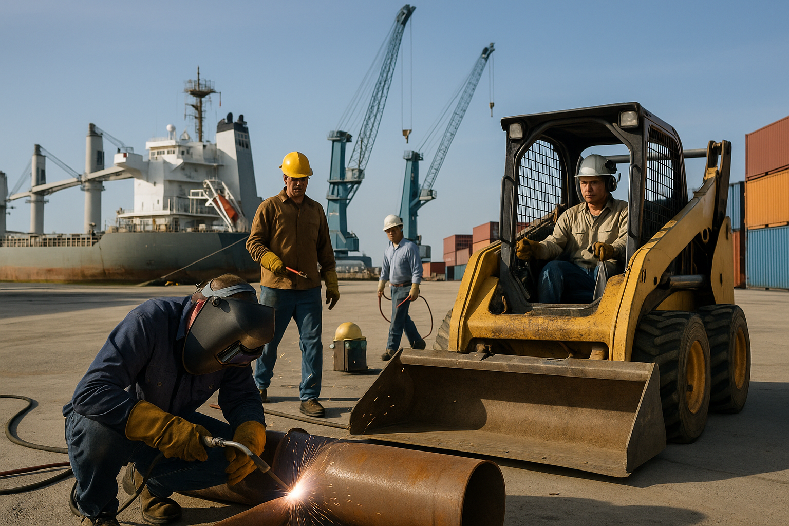 Industrial worksite on Alabama Gulf Coast with skilled tradespeople and shipping containers