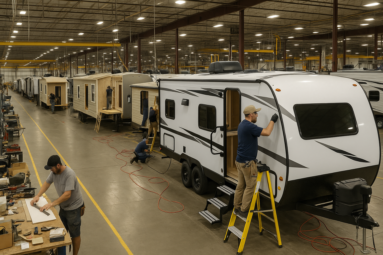 Skilled trades workforce assembling RVs and manufactured homes in a northern Indiana production plant