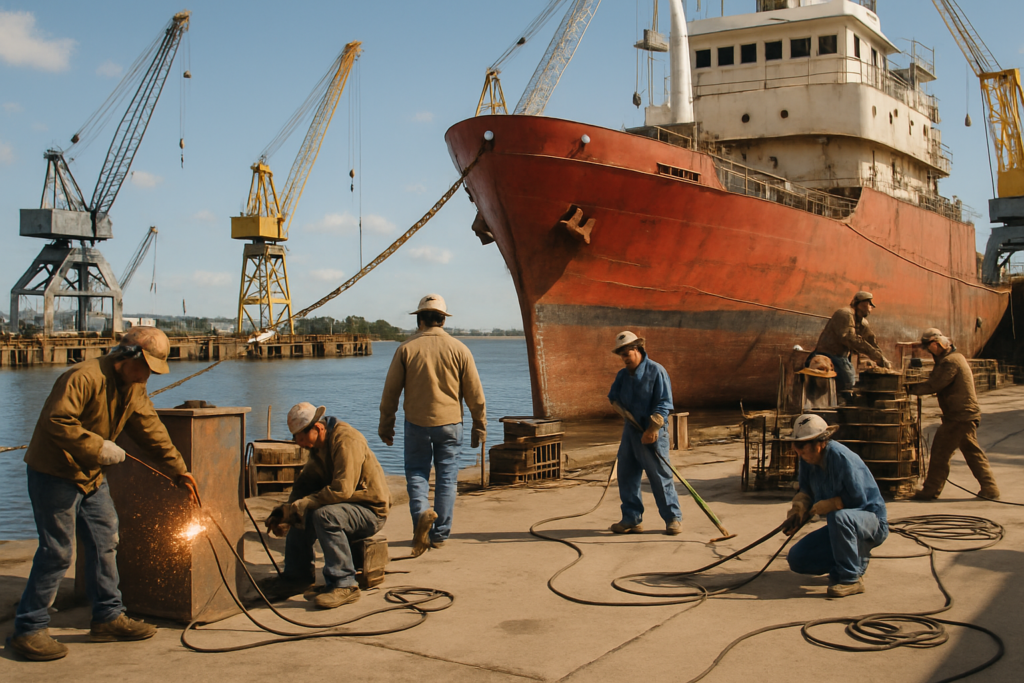 Shipbuilding staffing in Mobile Alabama, skilled trades working on a vessel by the waterfront.
