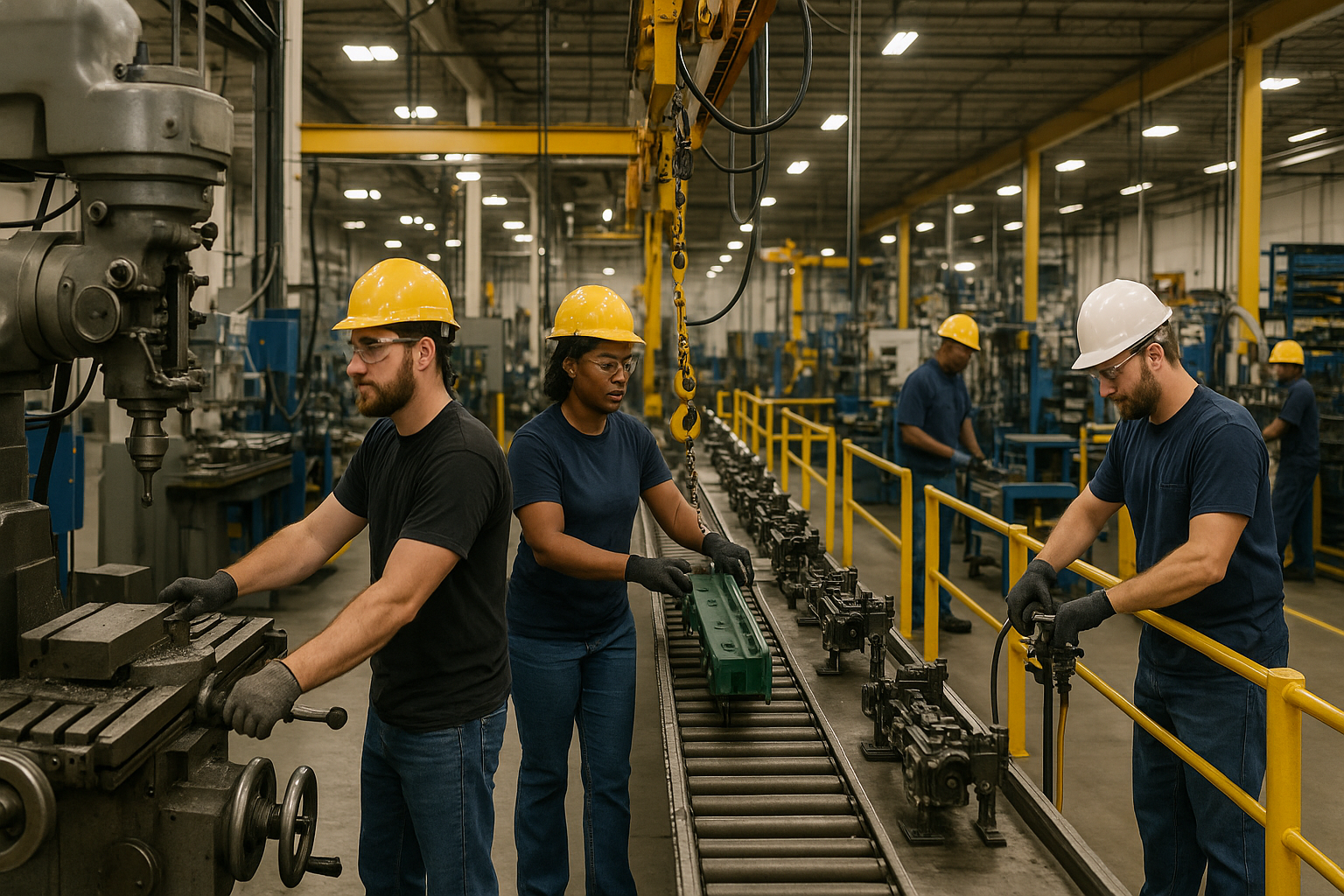 Skilled manufacturing workers in Cleveland, TN operating machinery and assembly lines, staffing manufacturing roles.