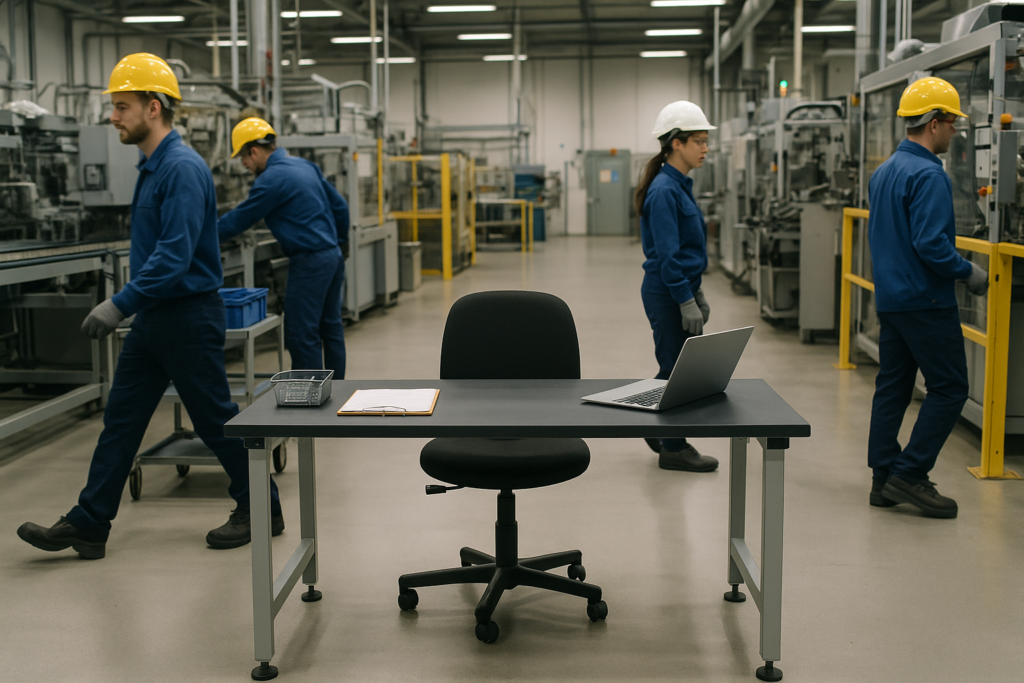 Empty workstation on a busy manufacturing plant floor, showing the cost of leaving a production position unfilled