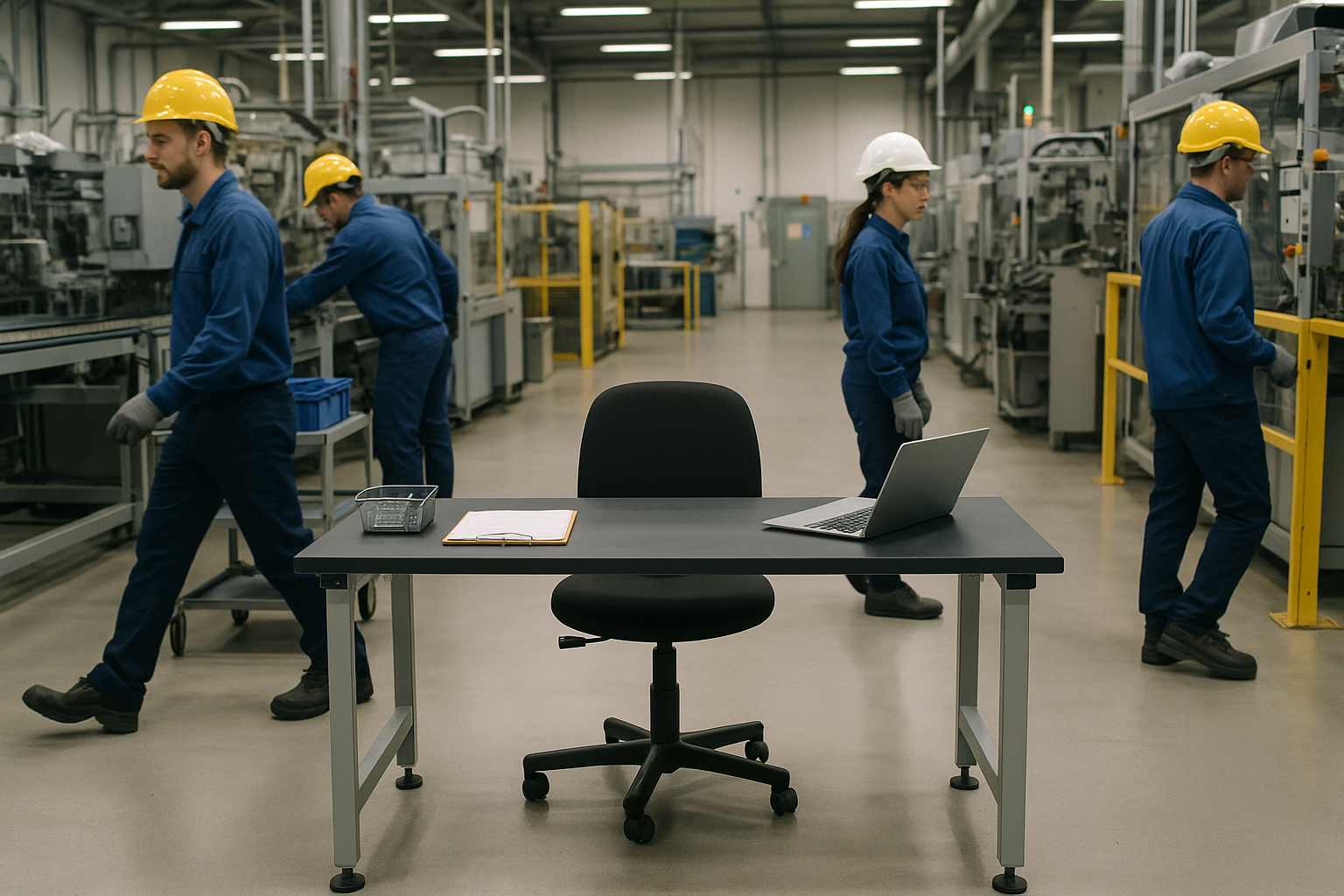 Empty workstation on a busy manufacturing plant floor, showing the cost of leaving a production position unfilled