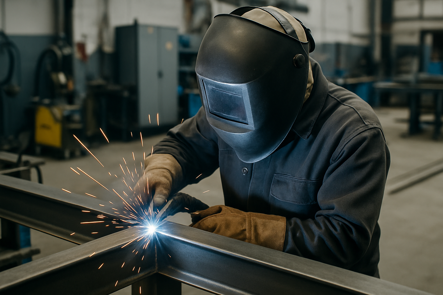 Certified welder in protective gear welding steel structure, hiring certified welder