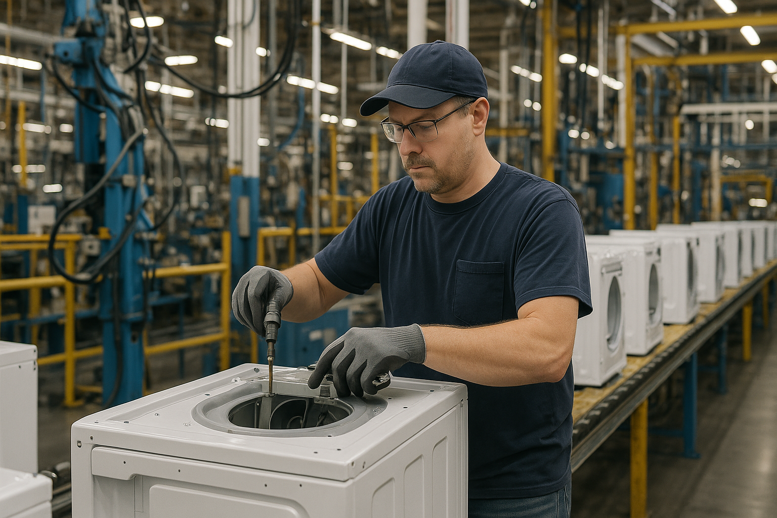 Skilled worker assembling appliance parts at a Michigan manufacturing facility near Benton Harbor