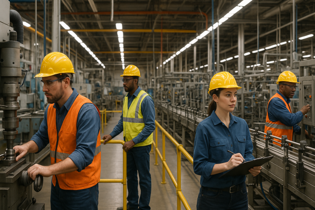 Workers in safety gear operating machinery at a Fort Wayne manufacturing plant