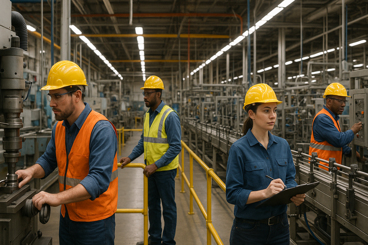 Workers in safety gear operating machinery at a Fort Wayne manufacturing plant