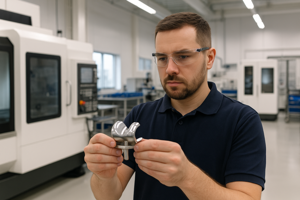 Skilled worker inspecting orthopedic device in Warsaw manufacturing facility