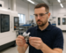 Skilled worker inspecting orthopedic device in Warsaw manufacturing facility