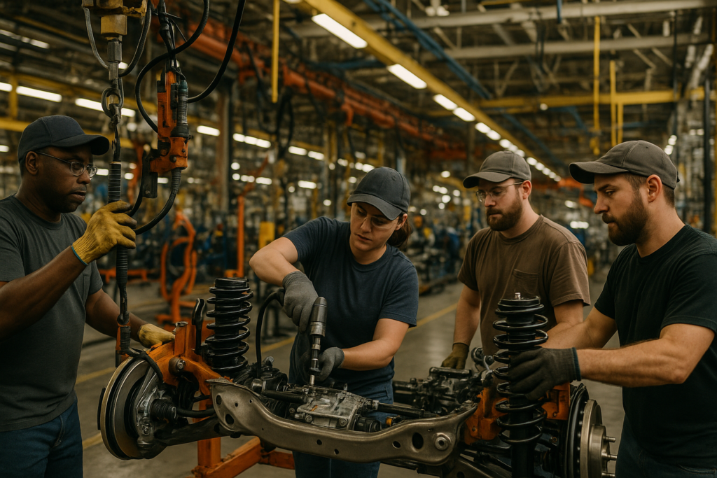 Skilled trades and production workers assembling automotive parts in a Jackson Michigan factory