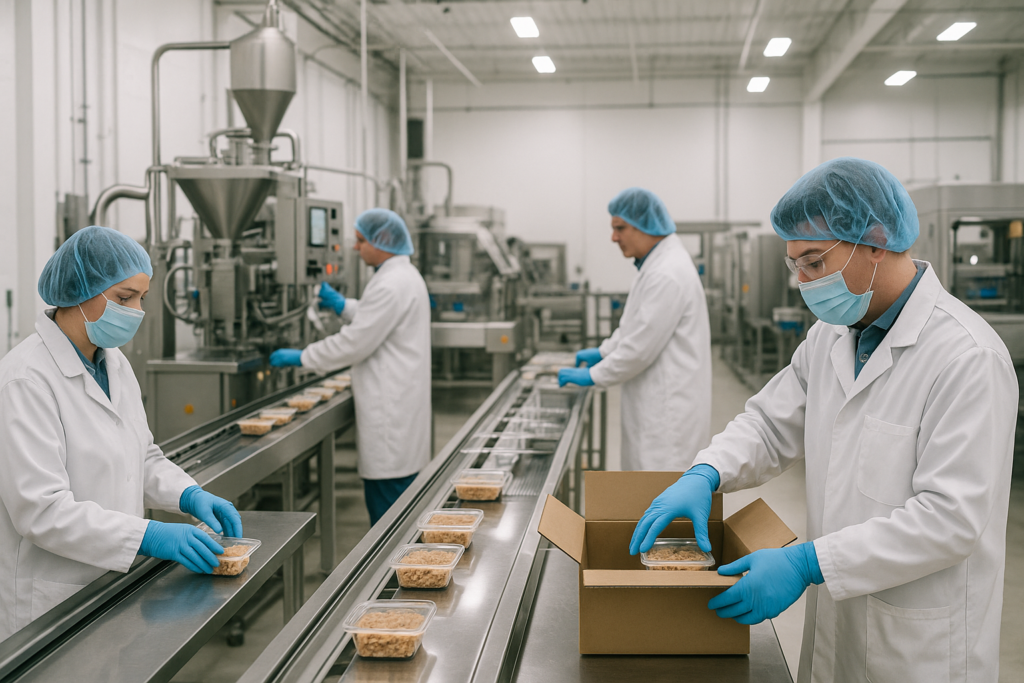 Workers staffing food processing roles in a South Dakota plant, wearing safety gear and operating machinery