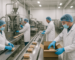 Workers staffing food processing roles in a South Dakota plant, wearing safety gear and operating machinery