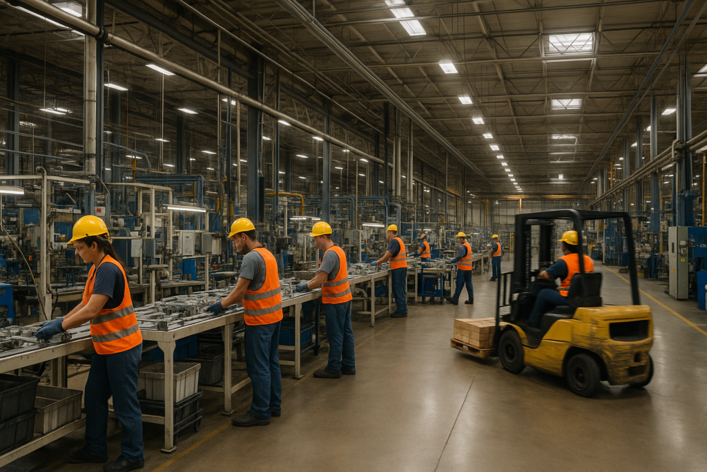 Production staff working on an assembly line in a Tennessee factory, staffing production roles.