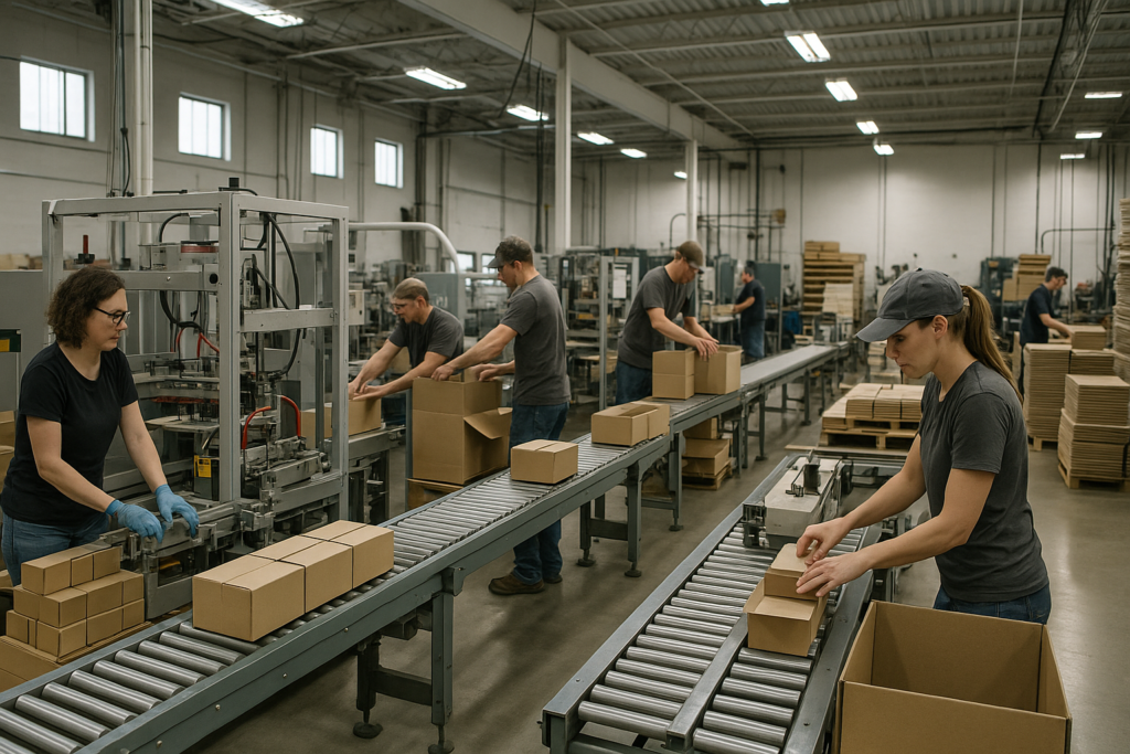 Workers on a production line in South Dakota packaging and assembling products, representing hiring needs.