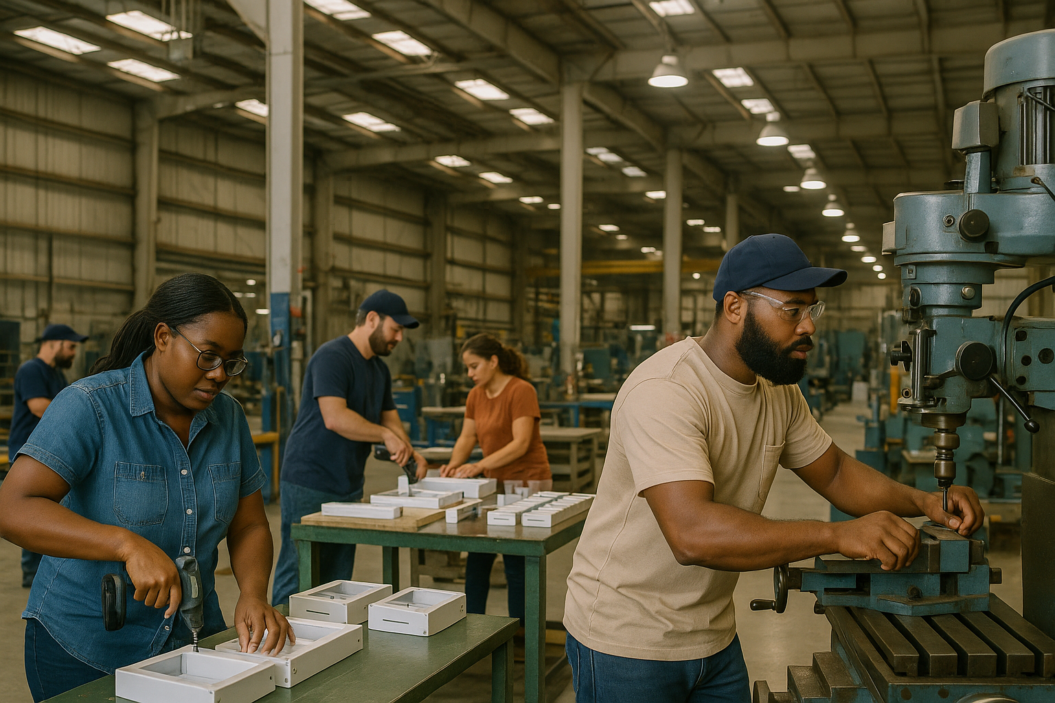 production workers in a southern Alabama warehouse operating machinery and assembling products