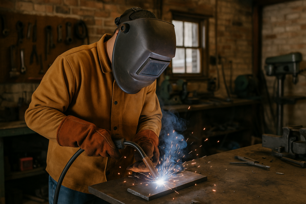 Skilled trades worker welding in a Dunlap and Whitwell industrial workshop