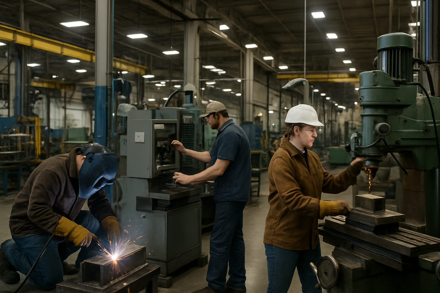 Skilled trades welders and machine operators working in an industrial plant in Mishawaka, Indiana